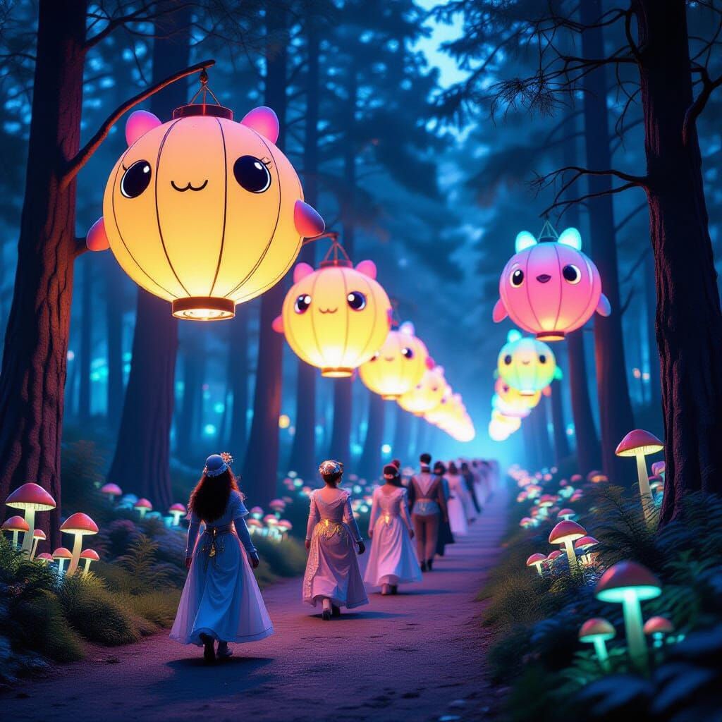 A whimsical parade celebrating 'Glow-Worm Gala' fills a bioluminescent forest. Giant, illuminated lanterns ...  by @Bluemoon