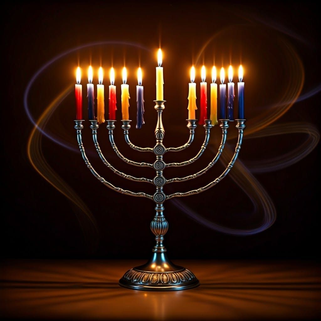 Elegant Silver Menorah with Vibrant Candlelight