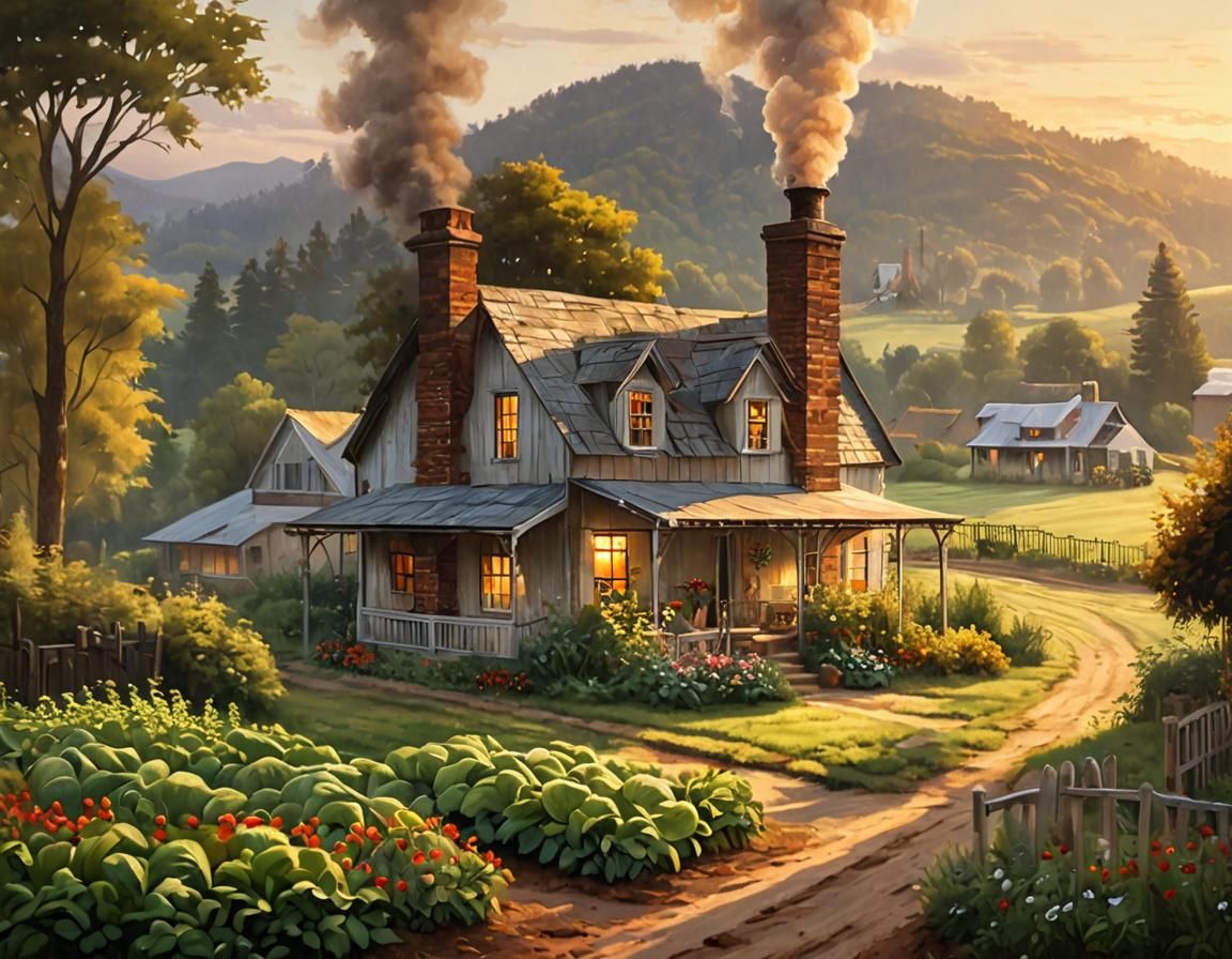 "Rustic Farmhouse in Early Morning Light": An oil painting of a charming, rustic farmhouse with smoke gently rising from the chimney. The fo...