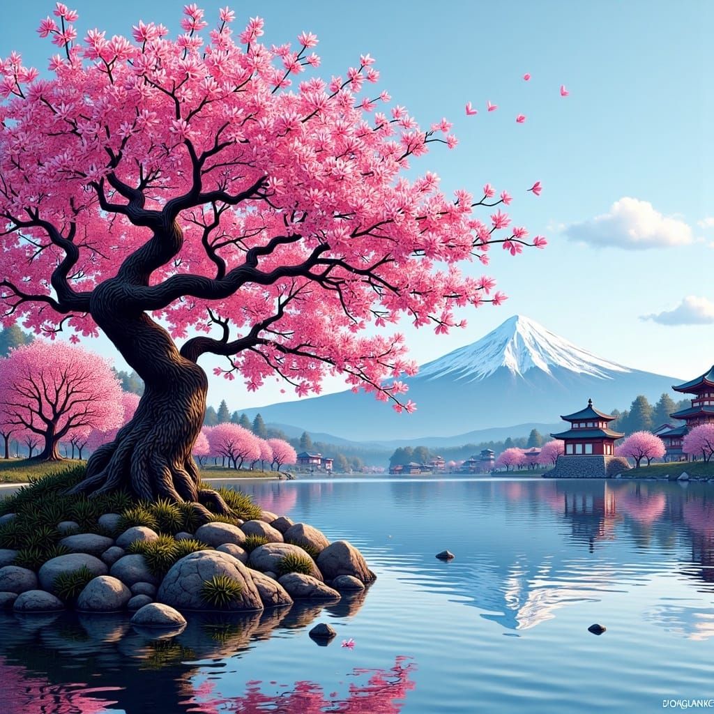 <lora:Munchkin-ish Fl:1.0> A beautiful ancient sakura tree in front of a lake. Mountains and Japanese temples in the background.