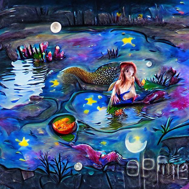 A mermaid in a shallow pond surrounded by moonlight colourful