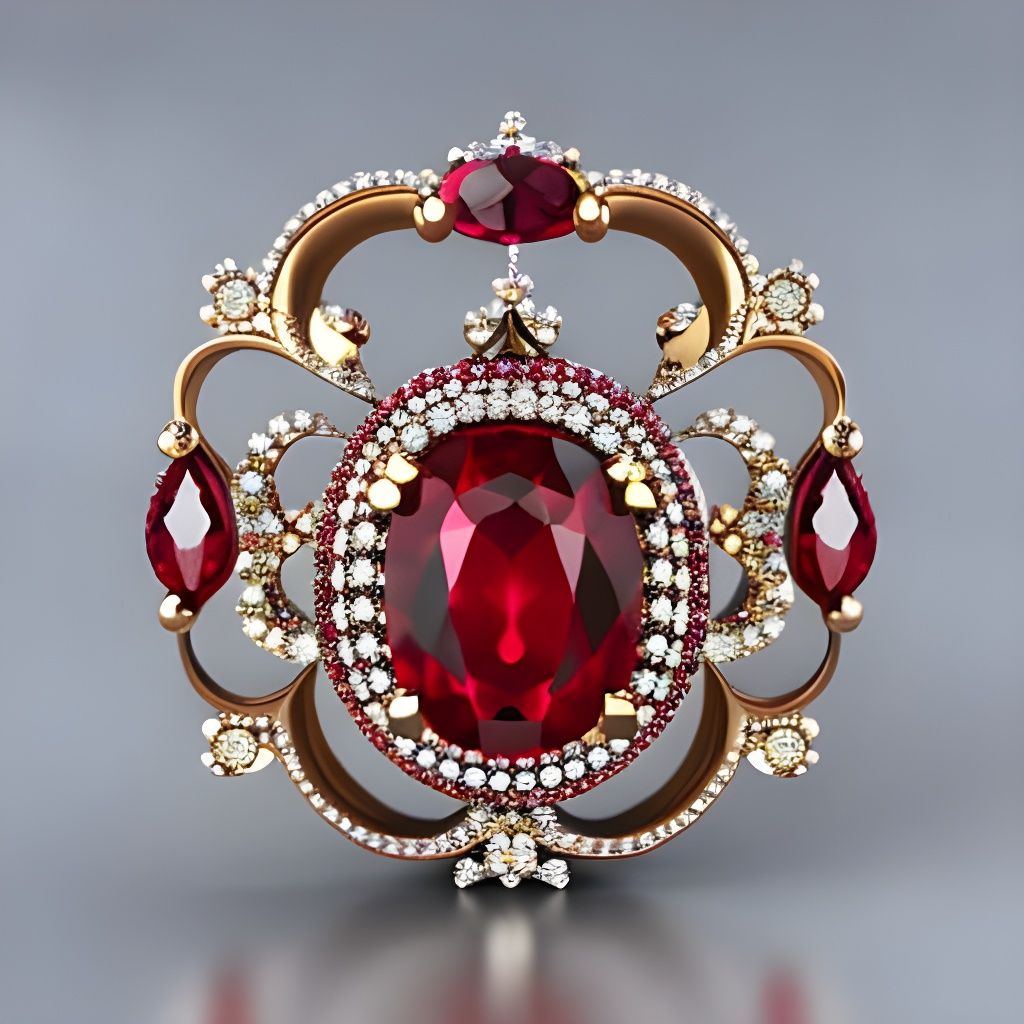 Product shot of diamond and ruby ladybird brooch, ornately decorated diamond and ruby encrusted sparkling ...  by @aicodeart