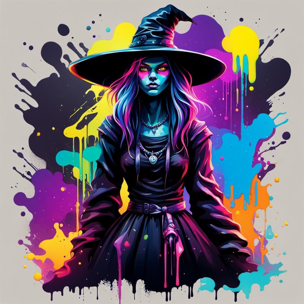 neon witch with a black dress