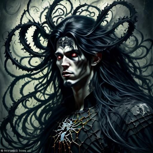 <lora:Chimeras:1.0> Spider god of doom, goth man with spider features, dark man god, long black hair, pale skin