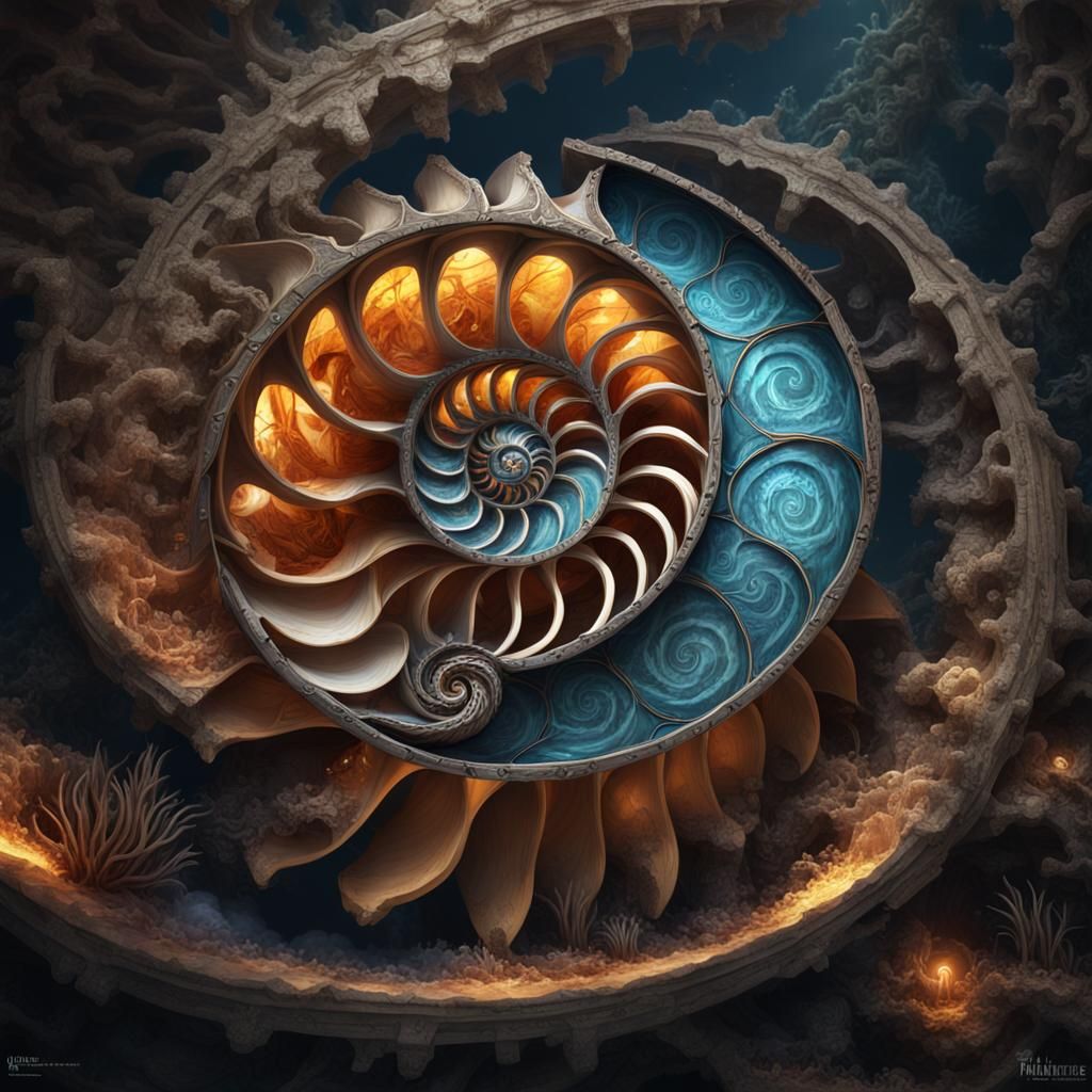 Nautilus shell cut in half. The chambers are clearly visible and arranged in a logarithmic spiral.  by @Tasmaniac01