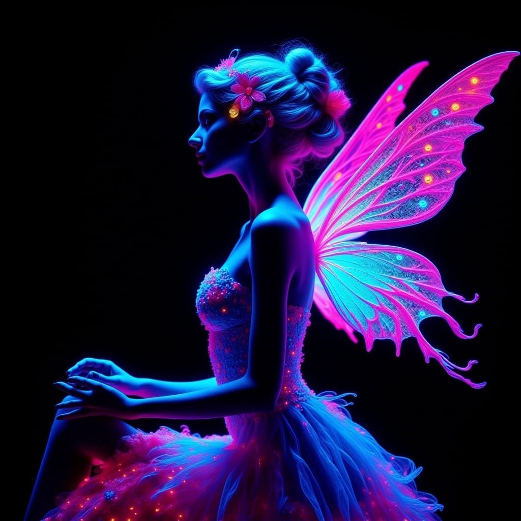 <lora:Blacklight nocturne:1.0> blacklight vibrant neon image of a fairy with vivid lacey wings on her back. Ethereal 