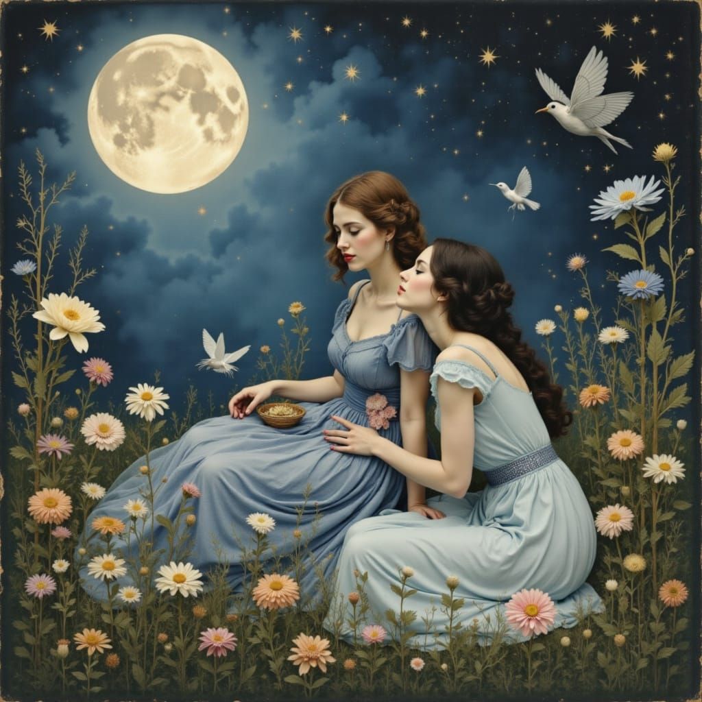 Lesbian Couple Tending Magical Moonlit Garden