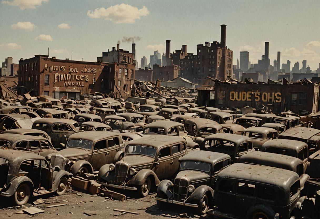 NYC 1935; Inner city auto wrecking yard, bleak, slum, rundown, many wrecked 1920's and 30's cars, circa 1935, more industrial slums in the b...