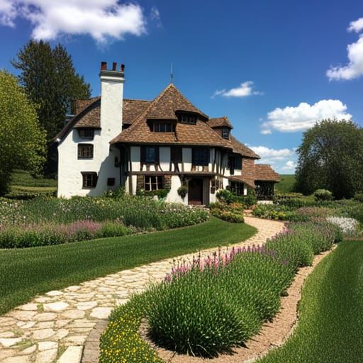Tudor like farm house used white plaster with wood beams and shingle roof, with wheat field on left and creek running on...