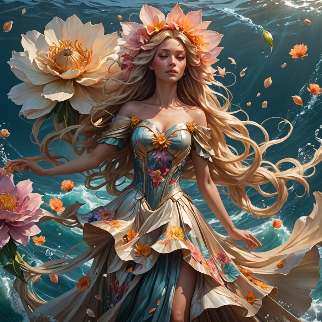 Woman in Flower Dress Floating on Ocean, Art Nouveau Style