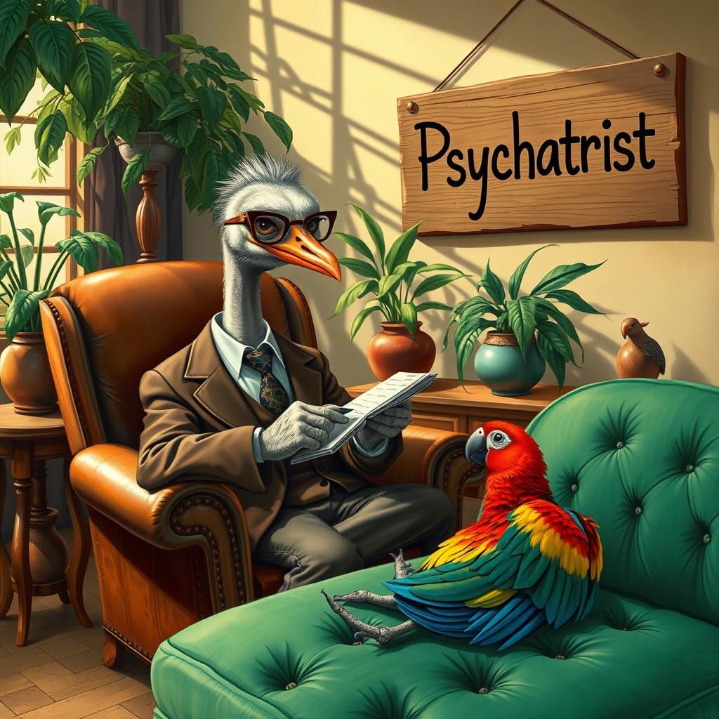 Anthropomorphic big ostrich in a psychiatrist's attire, glasses perched on the end of its beak, sits ...  by @EllisWhite