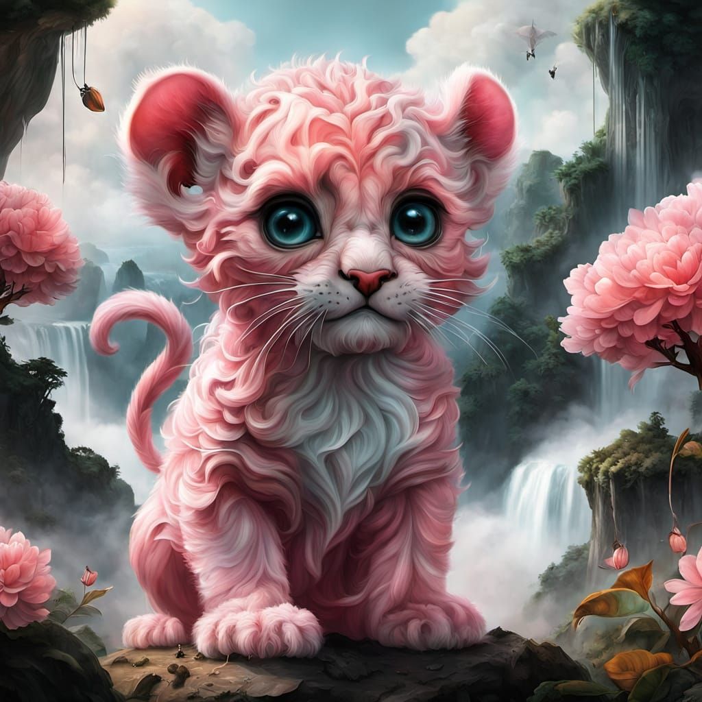 Whimsical Chibi Pink Panther Cub in Vibrant Candyland