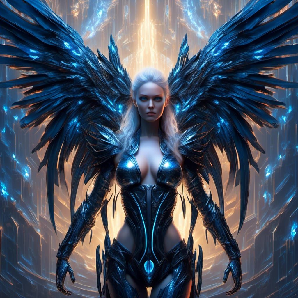 Ultra Realistic full body portrait of heavenly female Angle, sharp elegant wings, in neon lit majestic background, glowing blue eyes,  <lora...