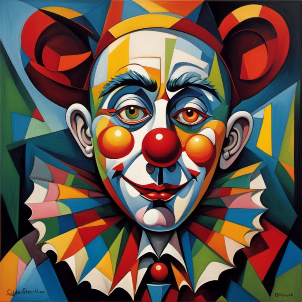 Cubism, Sureeal, whimsical, sad clown, portrait <lora:BurtonCubism:1.0>