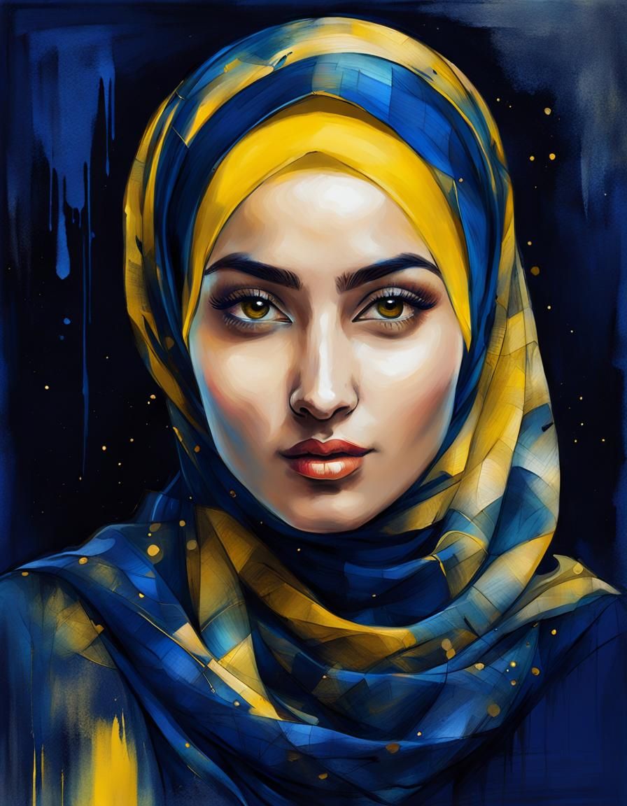Dreamy alcohol ink portrait of girl wearing blue and yellow ...