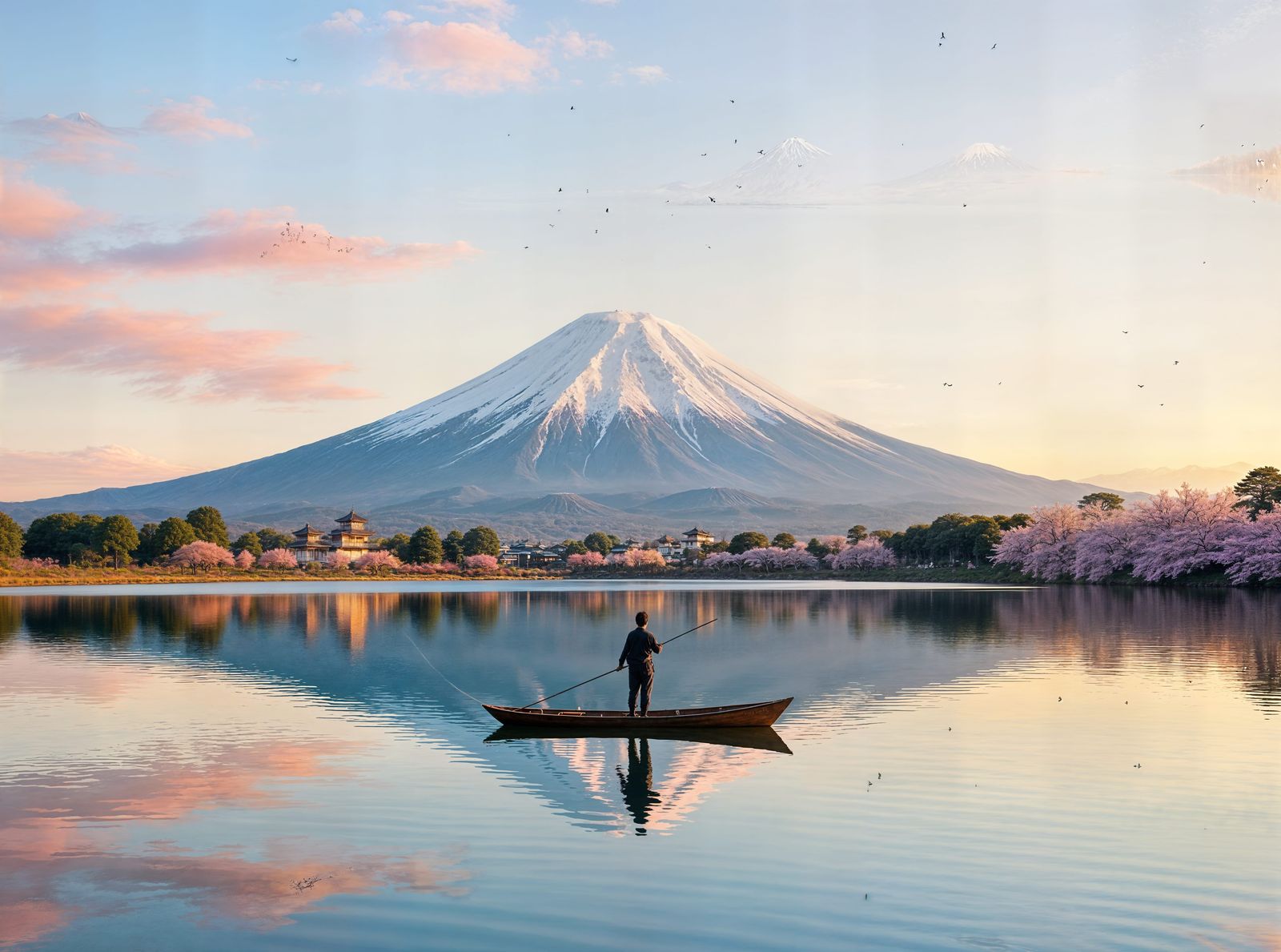 Serene Mount Fuji Dawn Landscape with Fisherman