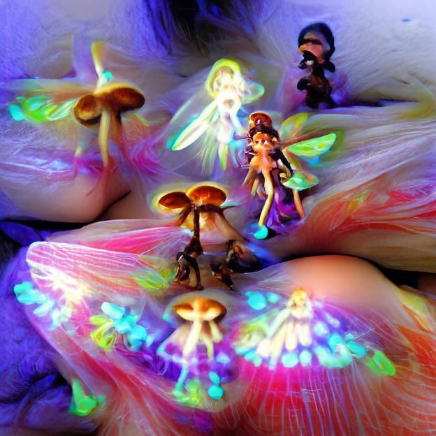 Fairies and magical glowing psychedelic mushrooms