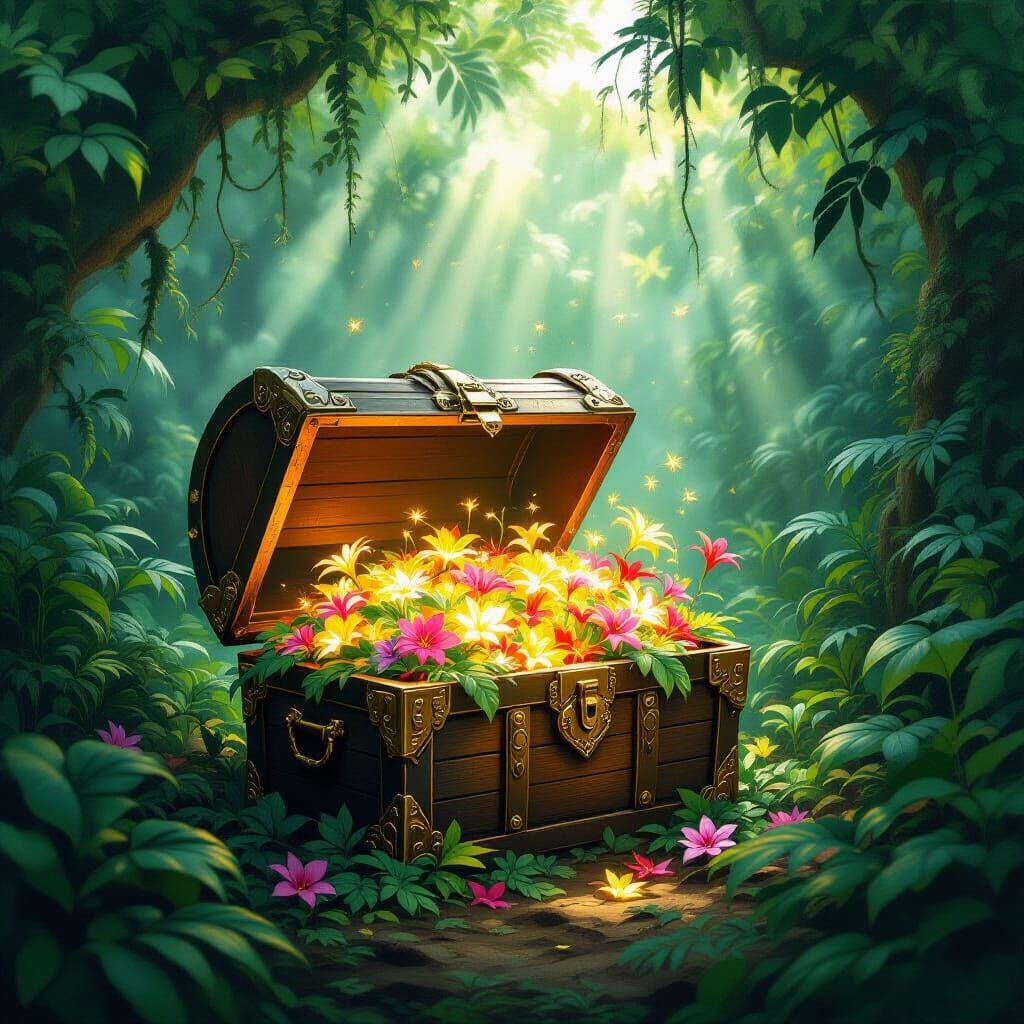An ancient, ornate treasure chest overflowing with glowing, ethereal flora, nestled within a dense, overgrown jungle clearing. Sunlight filt...
