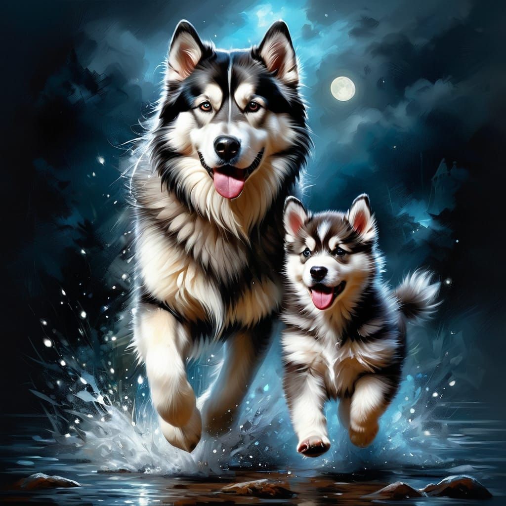 Alaskan Malamute running with her young pup by her side