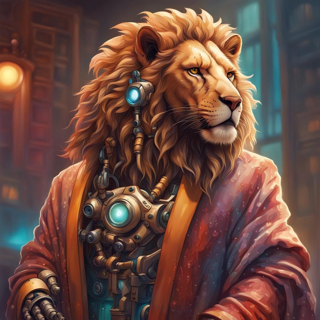 an anthropomorphic lion with a robotic arm dressed in a robe