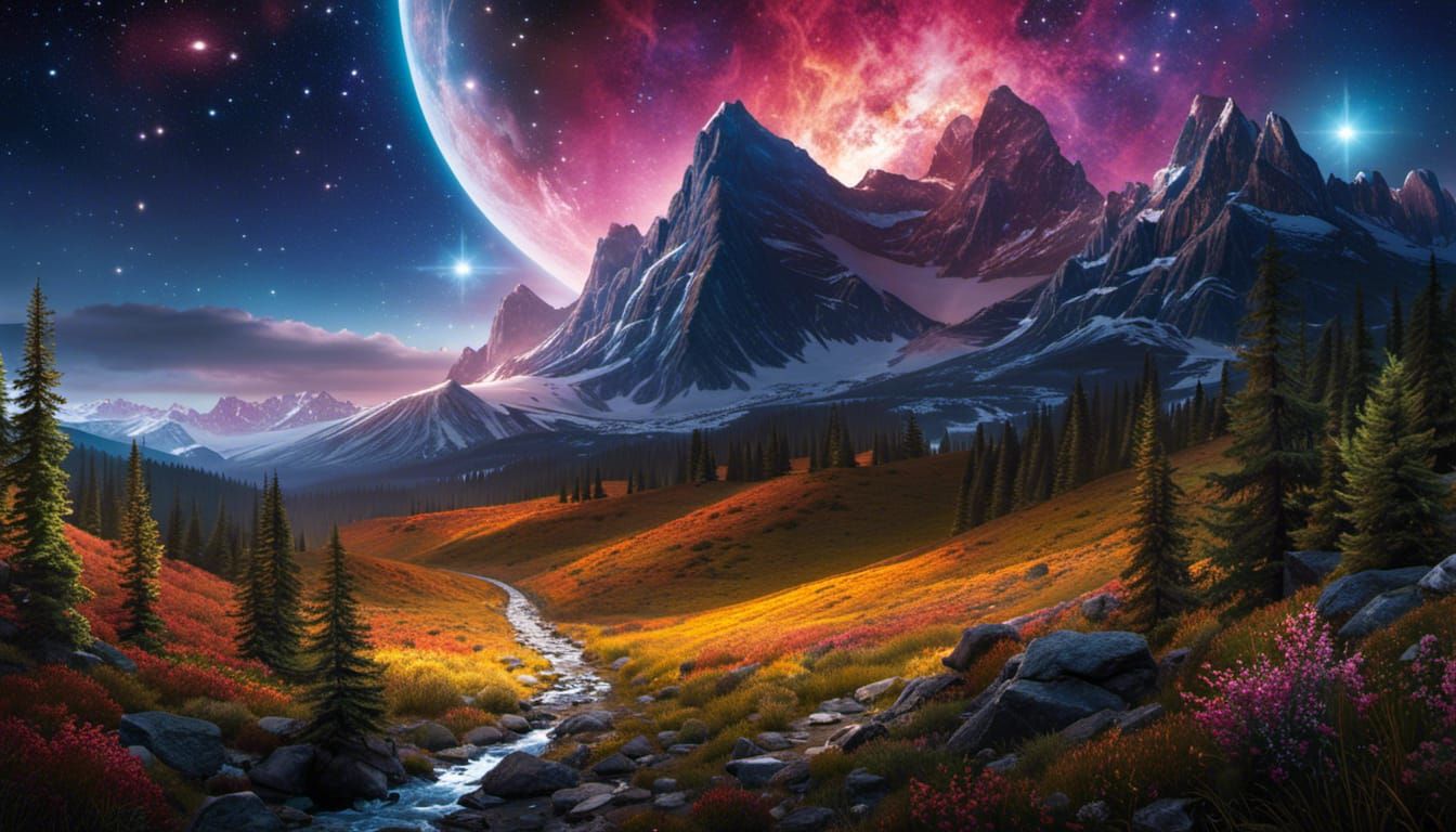  milky way galaxy over garden breathtaking artwork by Ansel Adams, colorful sky, J. R. R. Tolkien, ...  by @ArtDreamer Selma