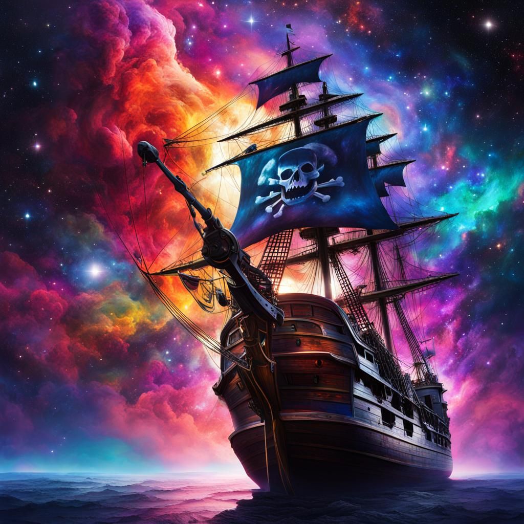 Pirate ship sailing on top of nebula in space. Dramatic galaxy  by @handsome kirby