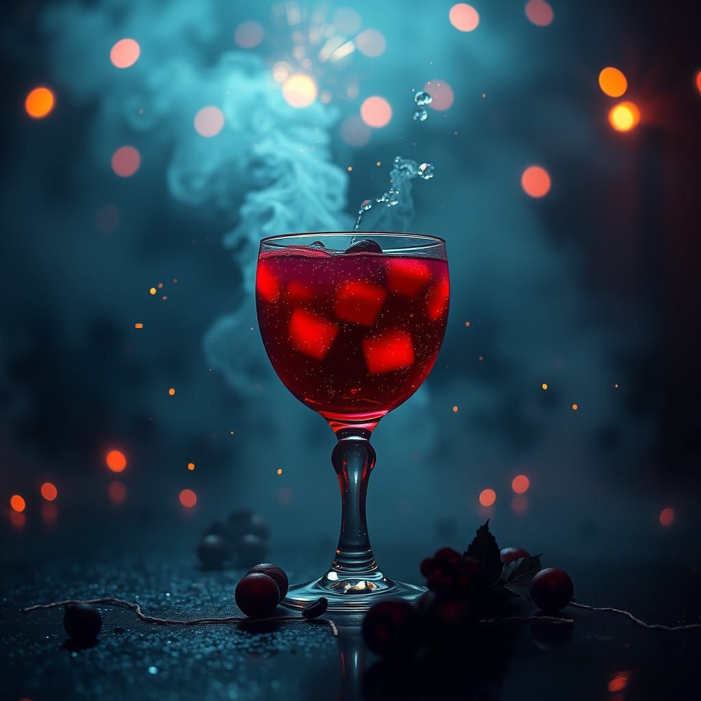 Sparkling Glass Mulled Wine in a Disco-Filled Dark Environme...