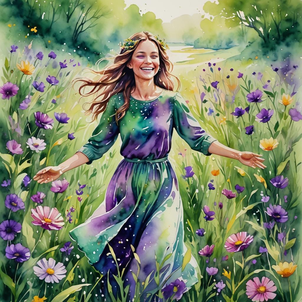Gentle Soul in Lush Meadow, Vibrant Watercolor