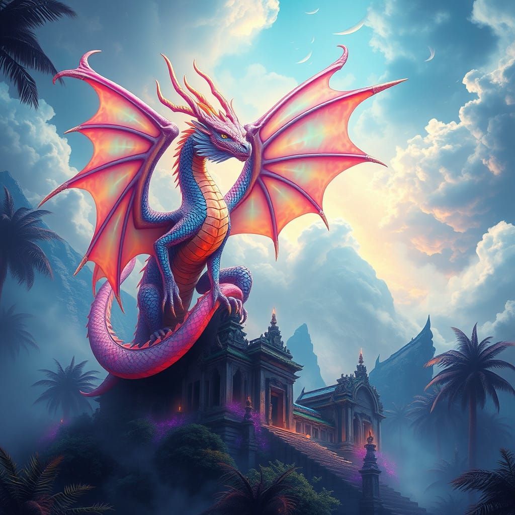 Glowing Opal Dragon on Ancient Ruins