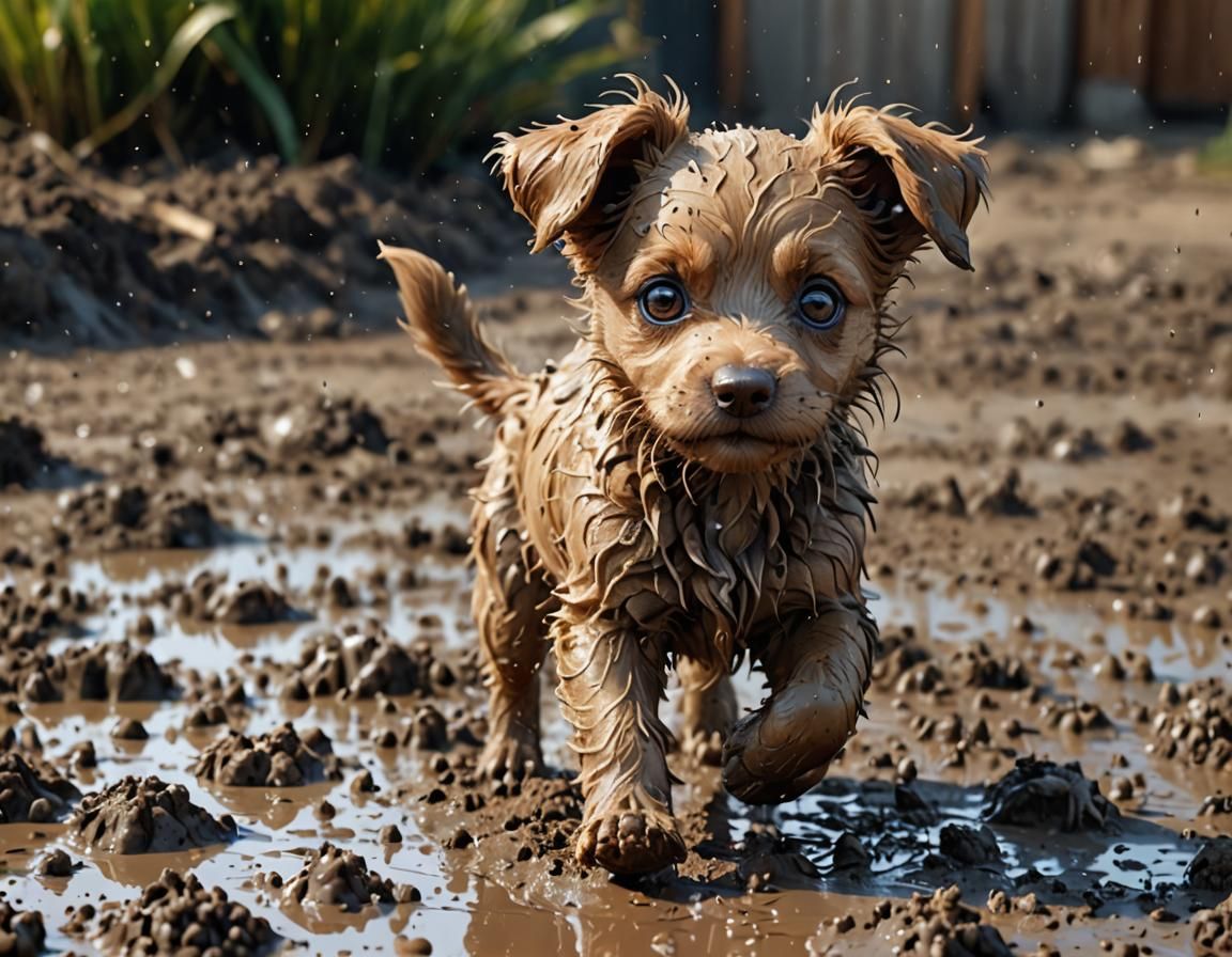 A close-up of a whimsical comical (scruffy-light brown-puppy...