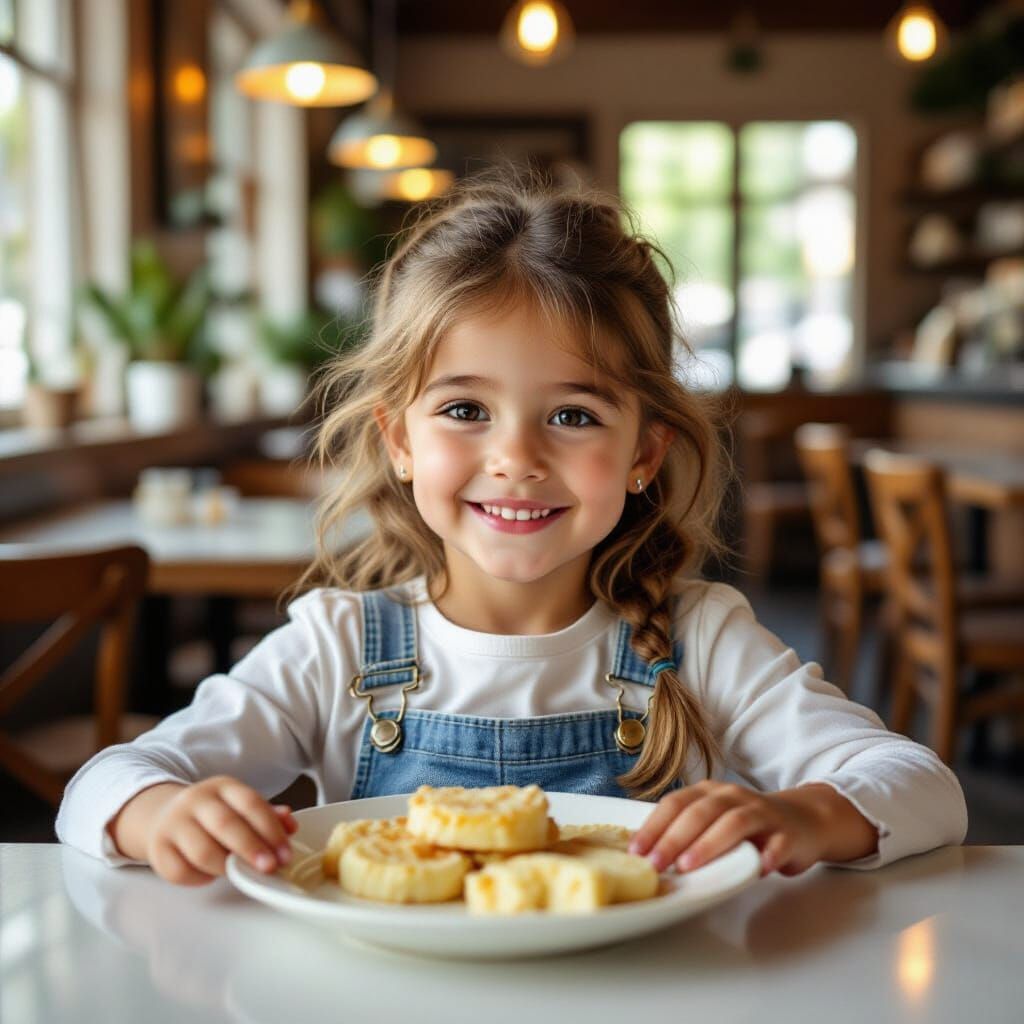 Young Girl Eating Schnitzel at Table
