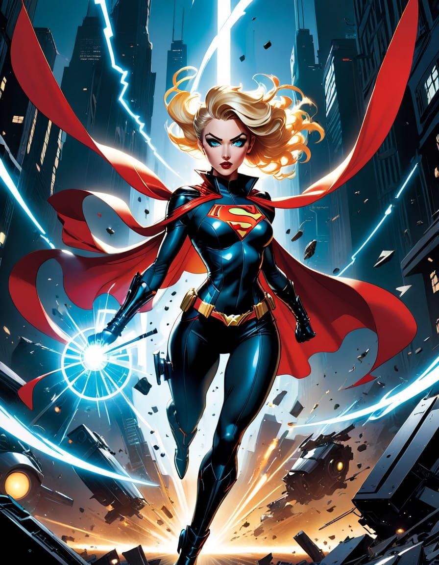 Sleek Heroine Battles in a Whirlwind of Light and Debris, In...