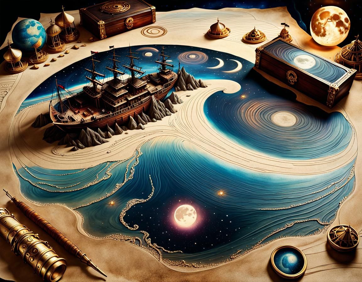 A wet pirate treasure blueprint map on an old parchment is n...