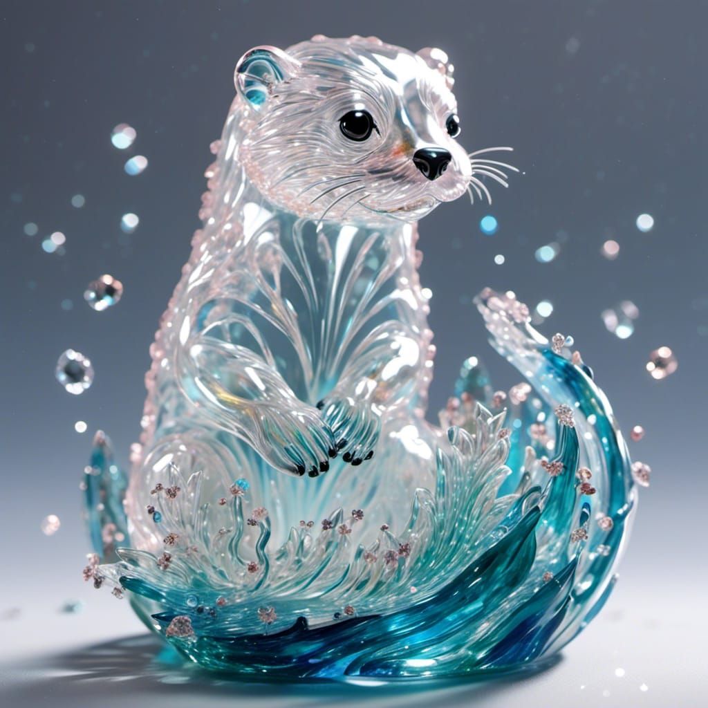 A mesmerizing glass_sculpture of a cute otter, delicately crafted with ethereal beauty. The glass_sculpture emanates a sense of fantasy, wit...