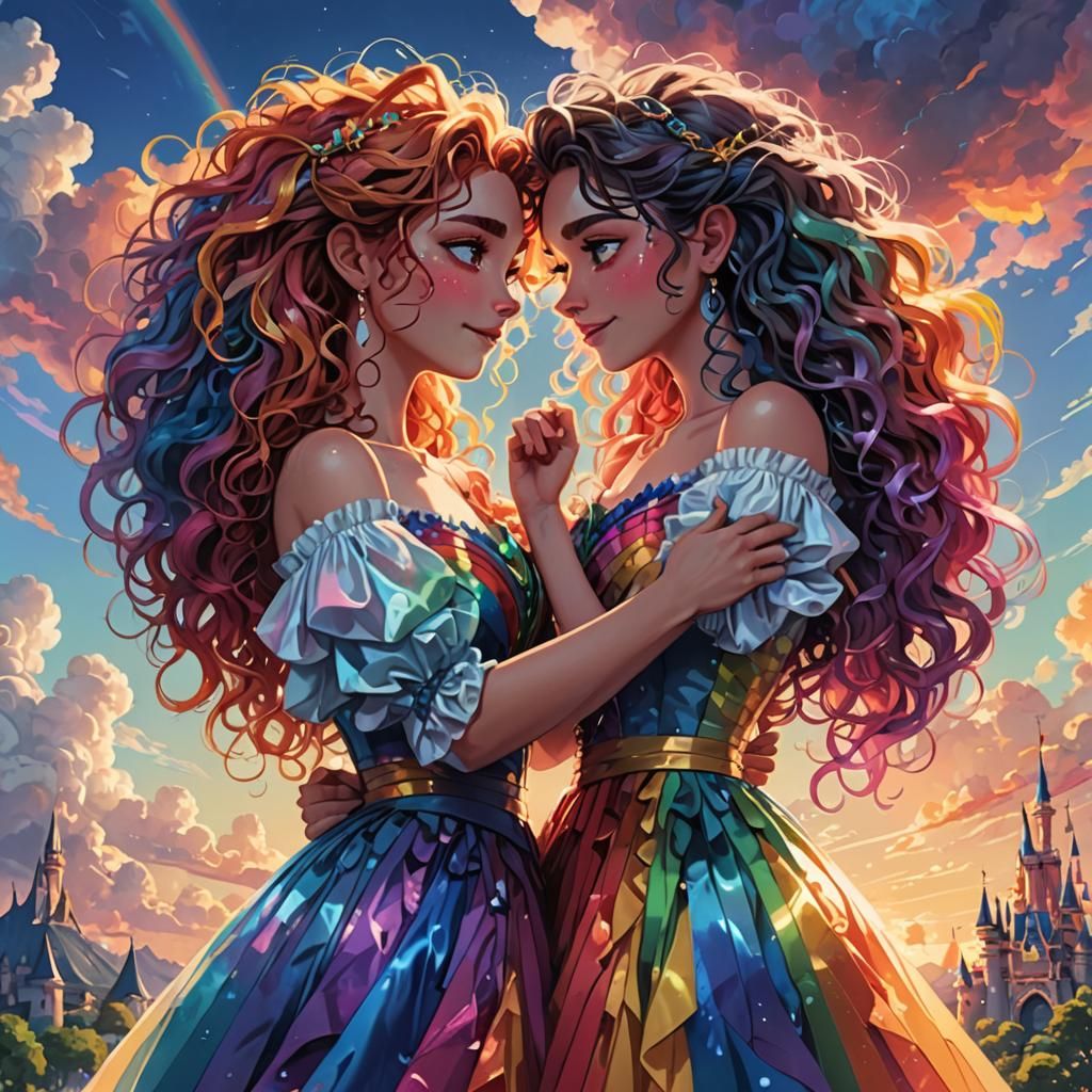 Two women standing next to each other, holding each other, e...