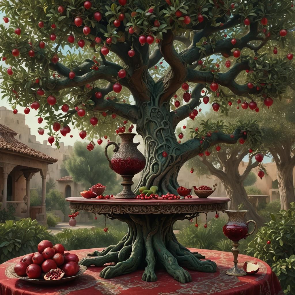 Pomegranate Tree and Juice Still Life, Fantasy Art