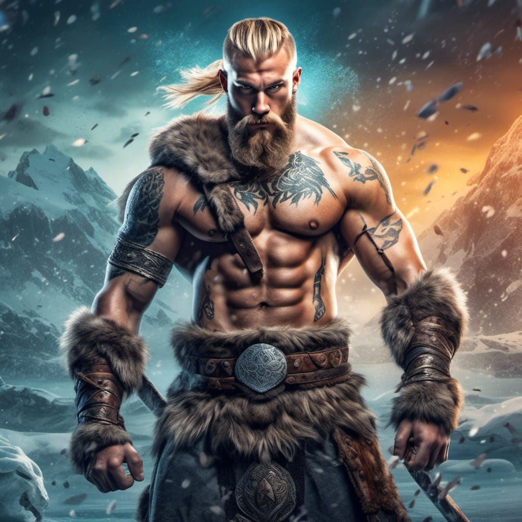 a full body image of a Handsome viking shirtless big muscle 20 year-old man short blonde hair , viking warrior tattoo with with  wolves besi...