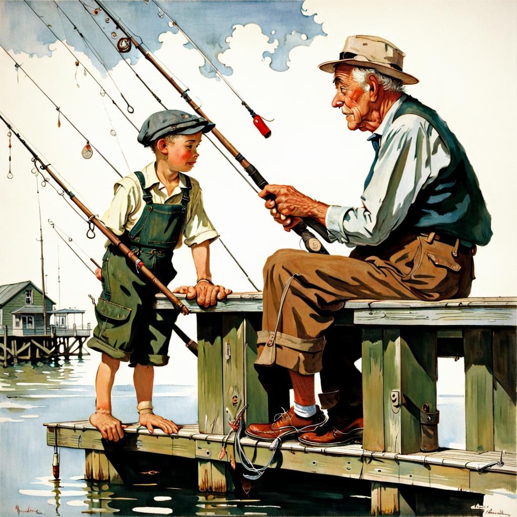 Norman Rockwell, Old man and boy fishing from a pier - AI Generated ...