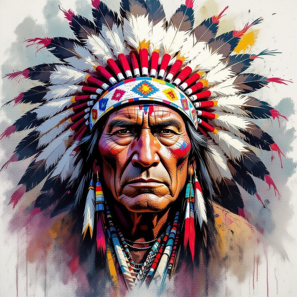 Alcohol ink, stochastic, color pencil sketch, streaks and smudges, A deeply weathered Indian Cheif in a full WAR headress, icy black eyes, a...