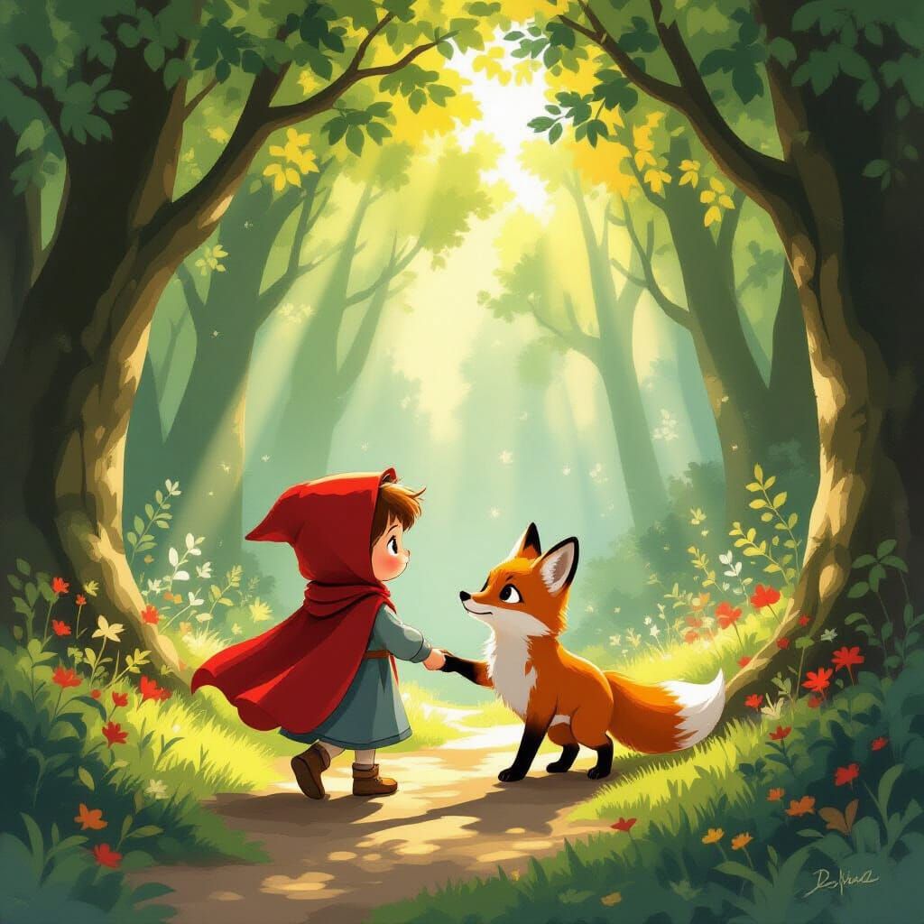 Child and Fox in Enchanted Forest Storybook Style