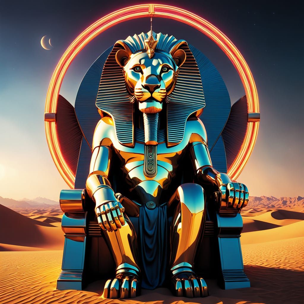 Surreal Sphinx in Starry Desert Landscape, Glowing with Neon...