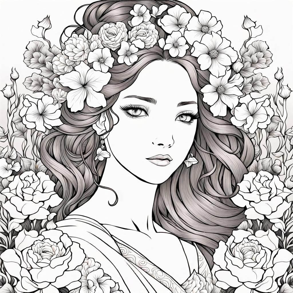 Beautiful Princess Surrounded by Flowers, Coloring Page - AI Generated ...