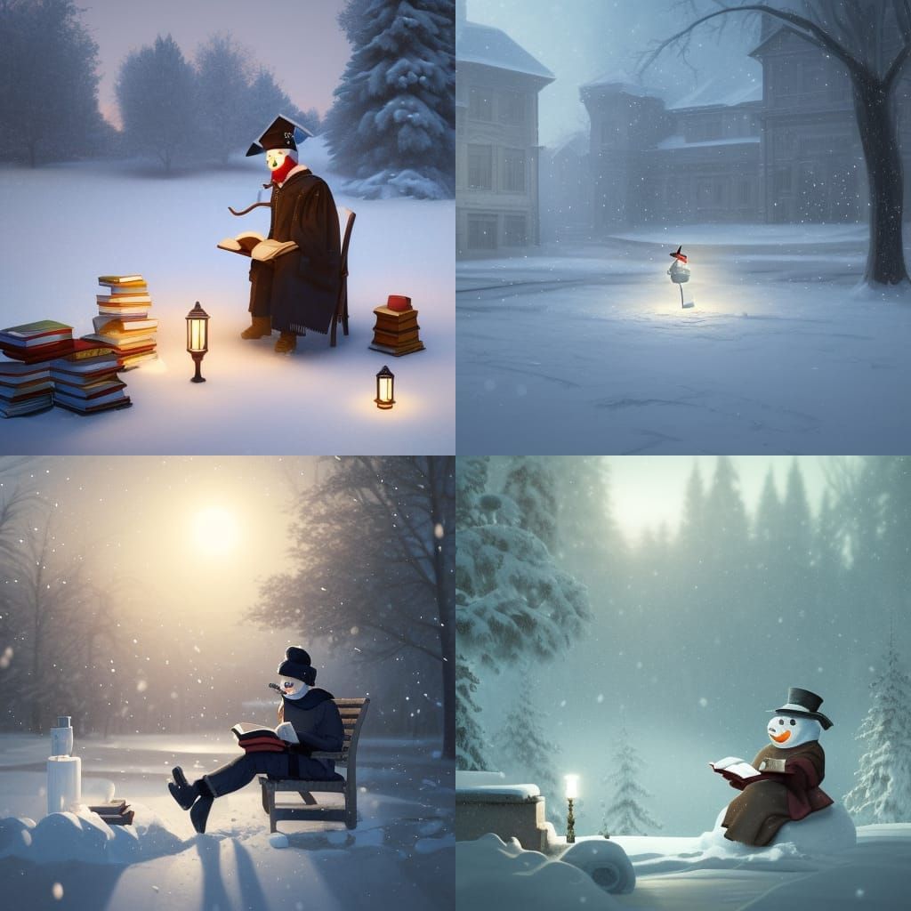 Snowman, scholar librarian, reading in snow outdoors, evenin...