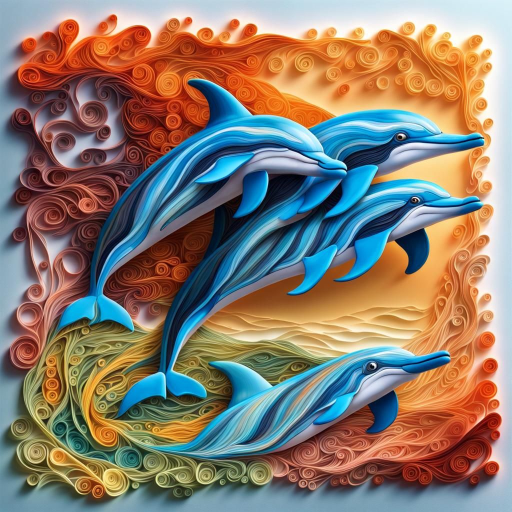 dolphins in the sea paper quilling Hyperrealistic, splash ar...