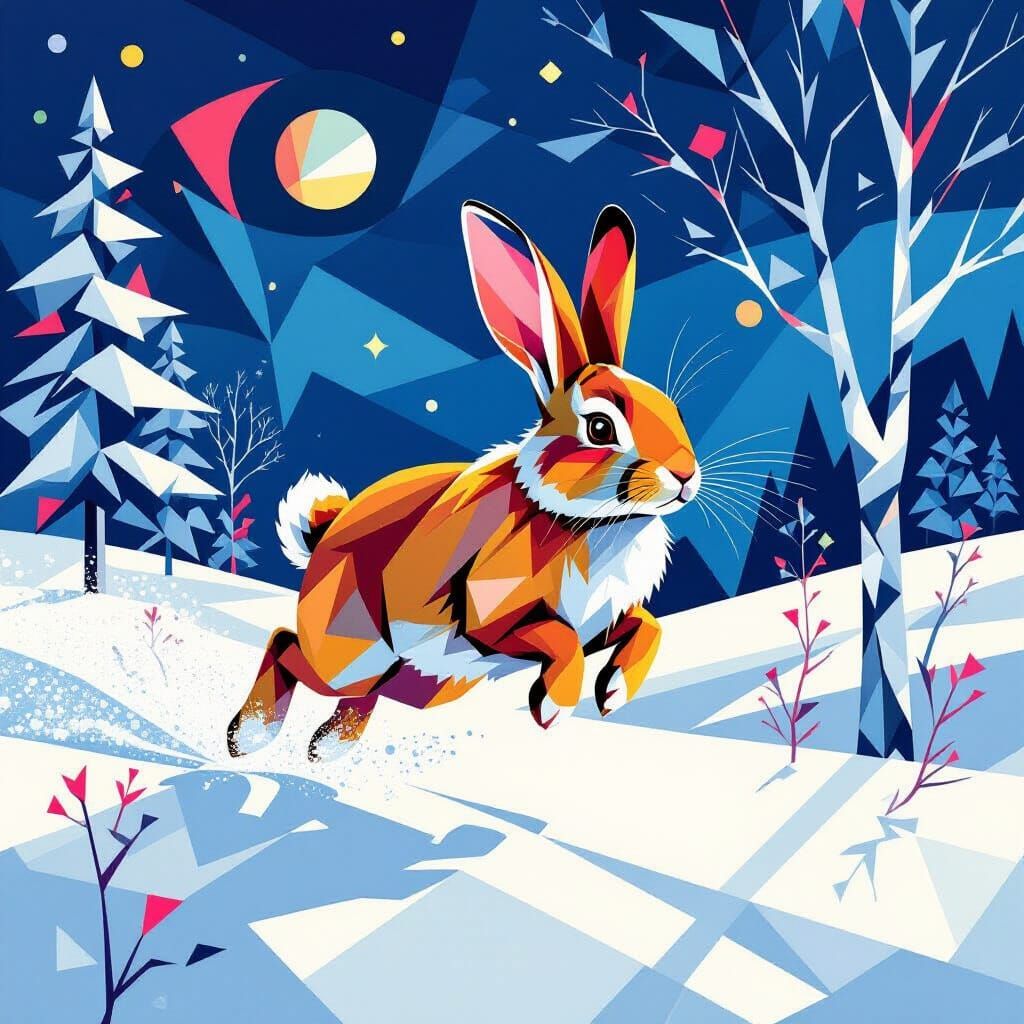 Geometric art style. Close-up shot. A stylized rabbit rendered in sharp, angular lines and vibrant, contrasting colors, leaping through a dy...