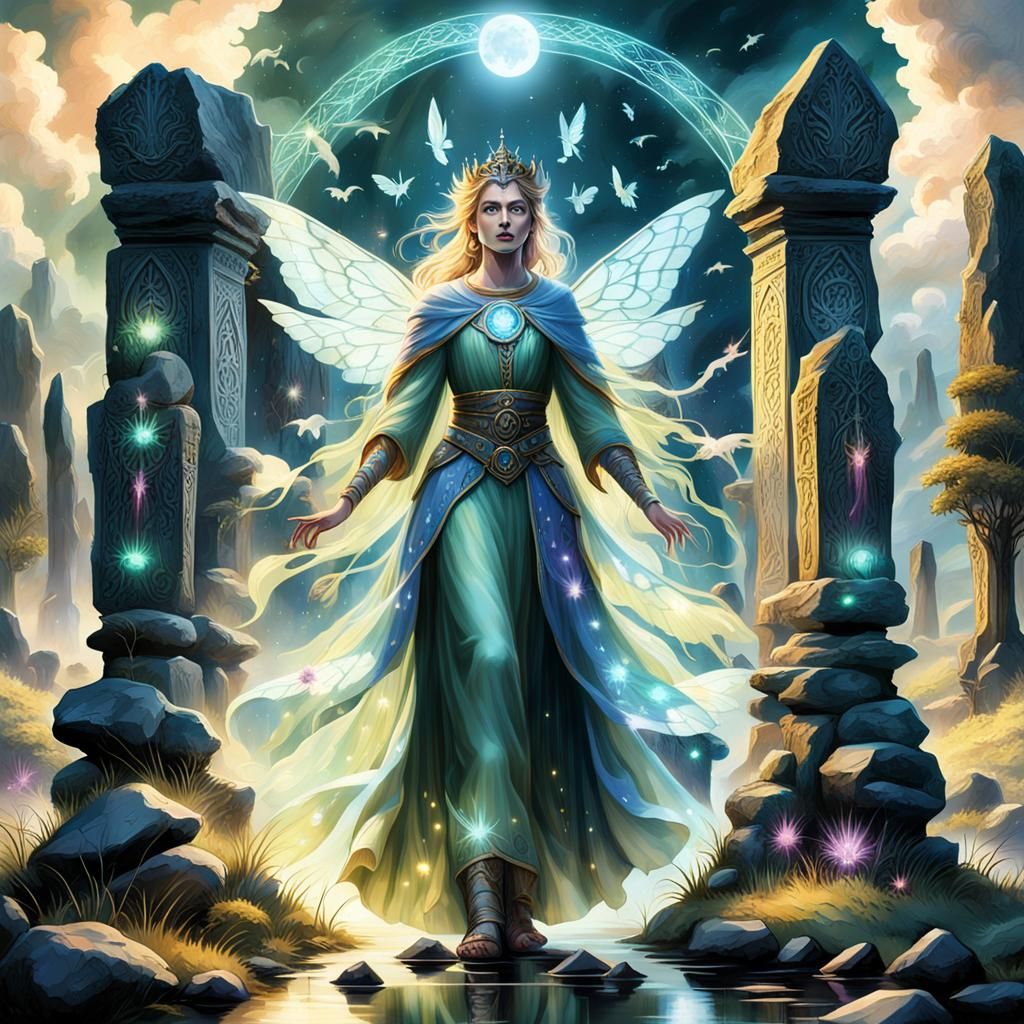 "The Queen of Fairies rising from an ancient, mystical circl...