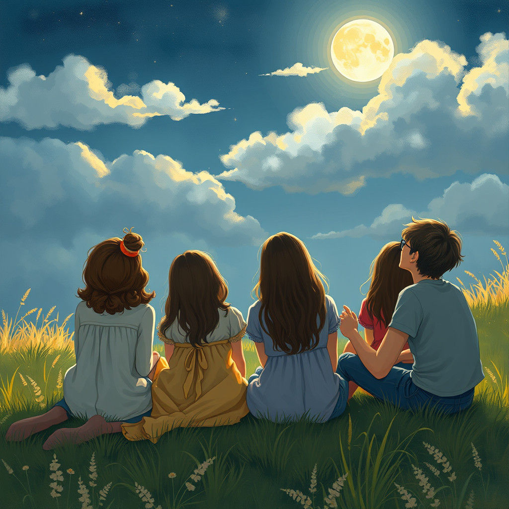 Friends Under Moonlit Clouds in Impressionist Style