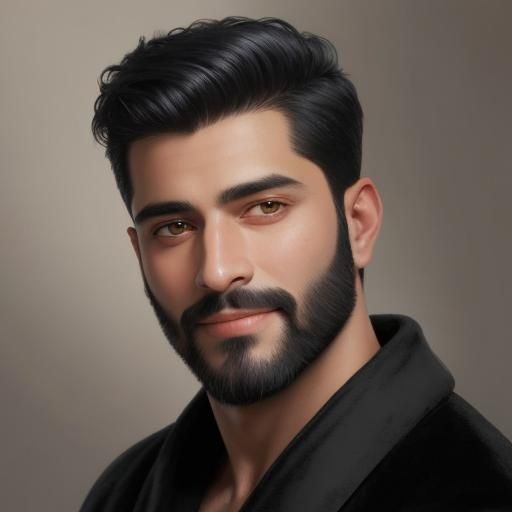 A handsome man with black hair and beard, wearing a black ba...