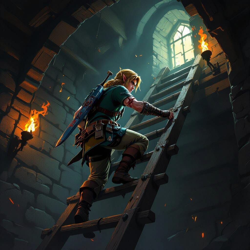 Your hero Link (from the Zelda series) climbing up a ladder