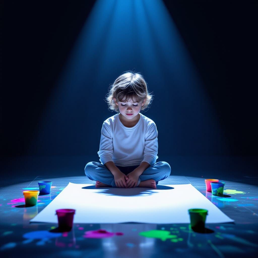 Child Contemplating Neon Paints in Minimalist Room